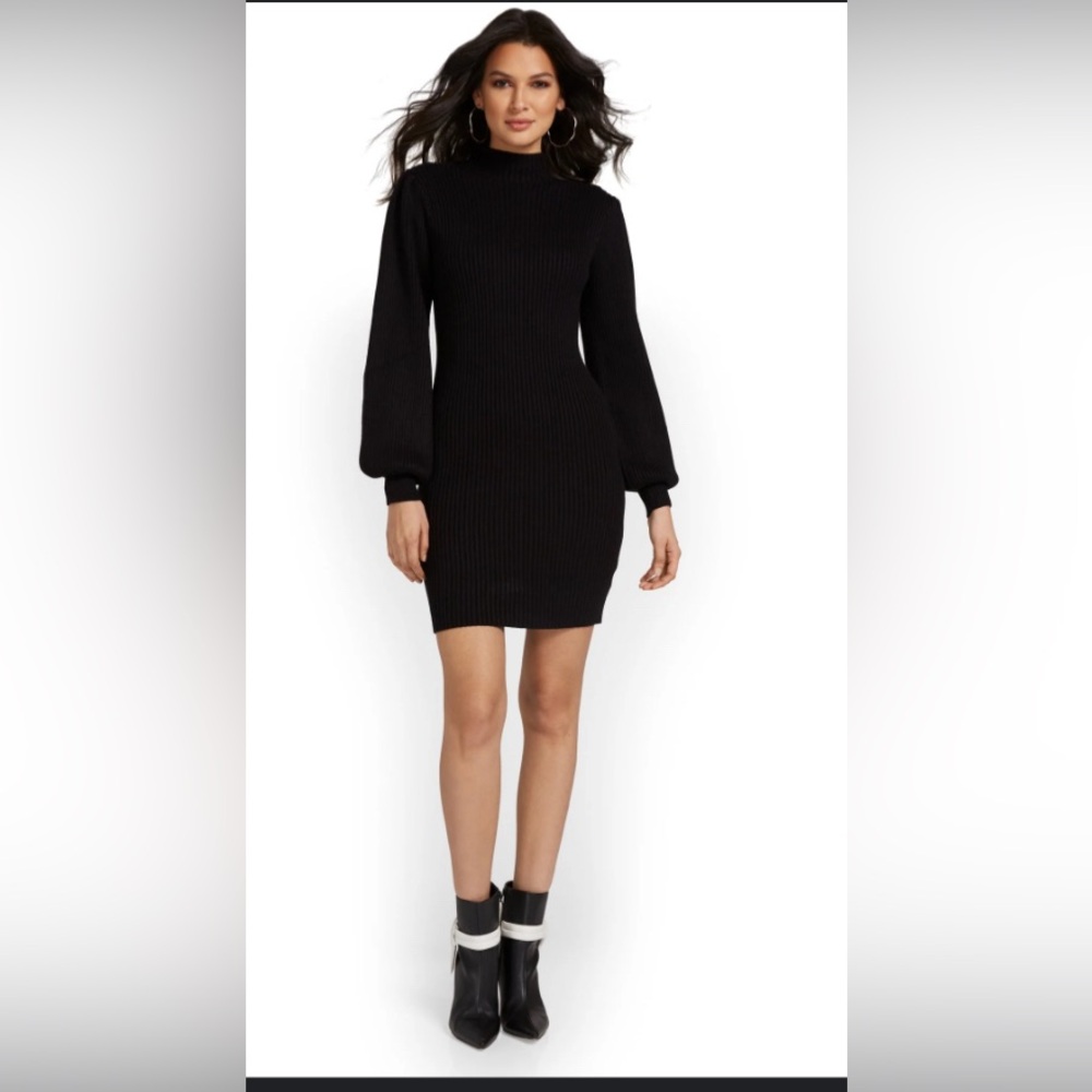 NEW YORK & COMPANY BLACK BALLOON SLEEVE LANTERN SLEEVE CREWNECK SWEATER DRESS XS